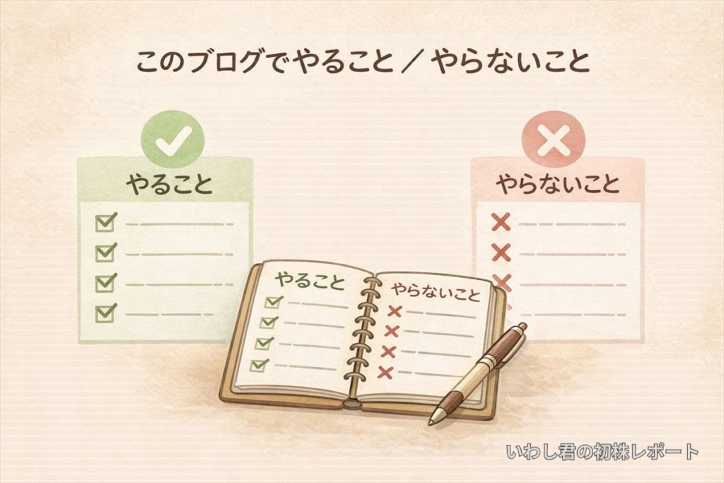 やることとやらないことをチェックリスト形式で示したシンプルなイラスト。投資ブログの方針を整理した構図