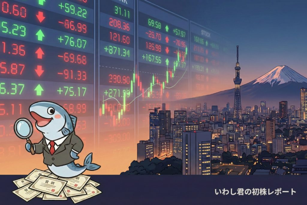 いわし君が日本株の株価ボードを観察しているイラストと東京の都市風景