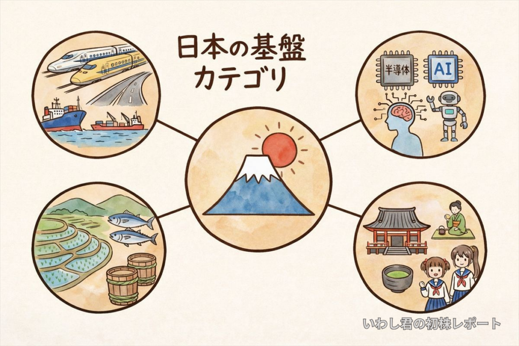 新幹線や港湾物流、半導体・AI、農業、伝統文化などを円で分類し、中央に富士山を配置した日本の基盤カテゴリ図解イラスト