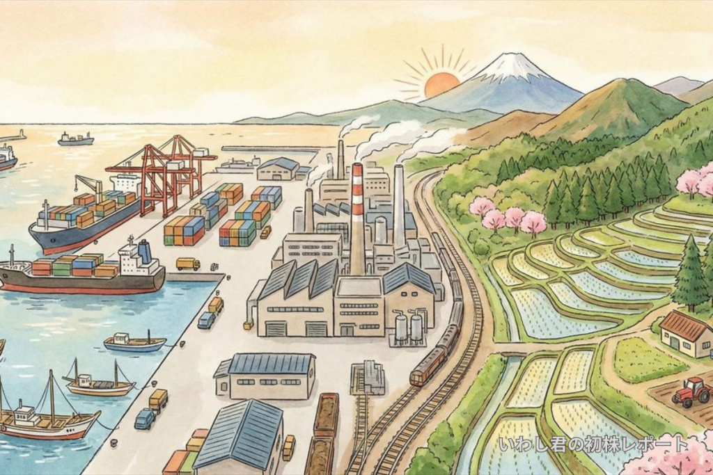日本の港湾、工場、鉄道、農地と富士山を描いたイラスト。日本の基盤産業とインフラを象徴する風景