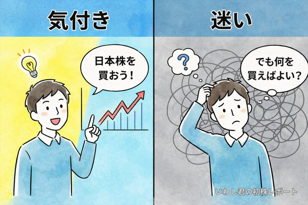 日本株を買おうと気付いたものの、何を買えばいいか分からず迷う初心者投資家のイラスト