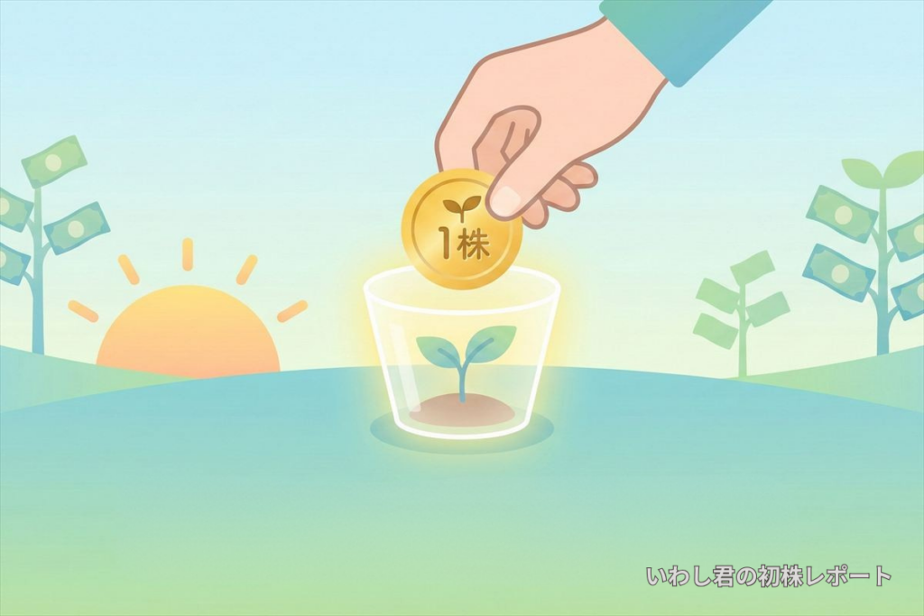 「1株」と書かれたコインを手で植木鉢に入れ、小さな芽が育つイラスト。少額から始める株式投資のイメージ